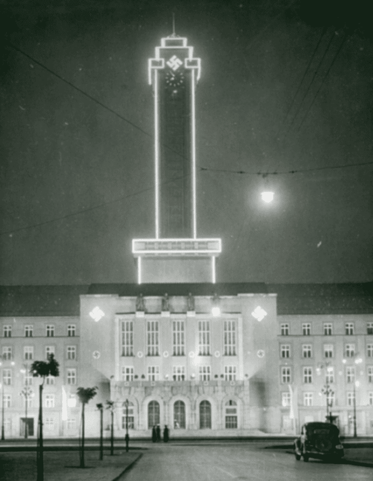 Ostrava Town Hall decorated with swastikas (spring 1939)