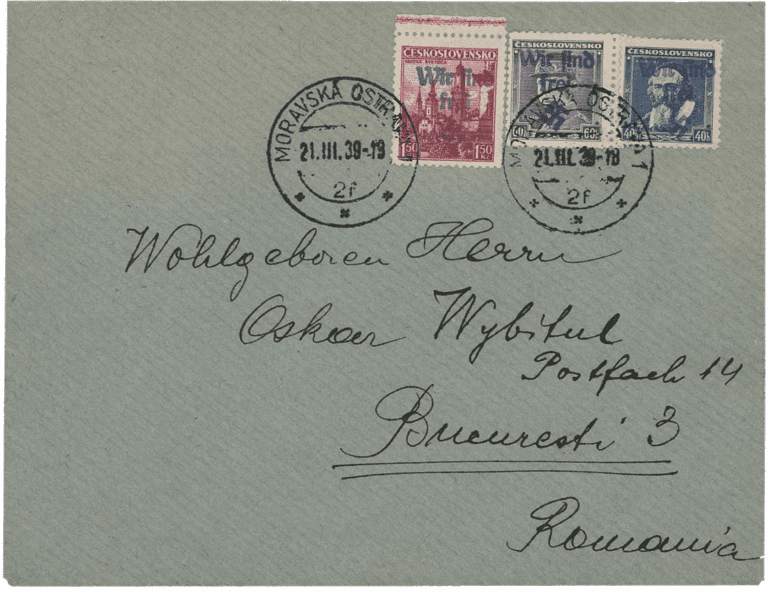 Postal letter to Romania (21 March 1939) | Feldpostelle Mahrisch Ostrau | Moravska Ostrava | german occupation of Czechoslovakia 1939 | investment stamp
