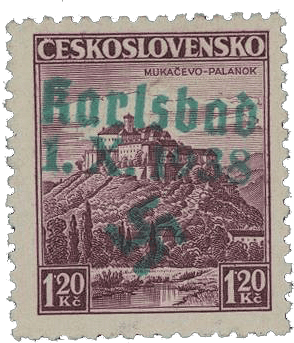 Karlovy Vary postage stamp overprint - Czechoslovakia - sudetenland - Maffersdorf - Michel 10
