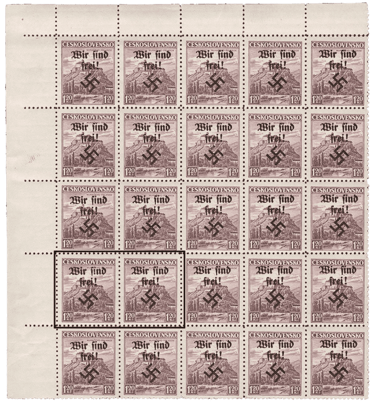 Rumburk přetisk známky - sudety - sudetenland - Rumburg | Block of 25 stamps, no.10 of which 2x 10 III (sheets 21 and 22), (flattened swastika at the bottom)