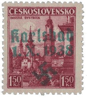 Sudetenland | czechoslovakian stamp overprint | german occupation | Karlovy Vary | Carlsbad | 1938 | Michel 11