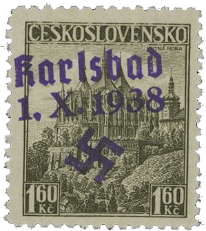 Sudetenland | czechoslovakian stamp overprint | german occupation | Karlovy Vary | Carlsbad | 1938 | Michel 12