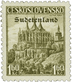 Konstantinovy Lázně overprint of czechoslovakian stamp | german occupation | 1938 | sudetenland crisis | Konstantinsbad Michel 14
