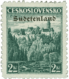Konstantinovy Lázně overprint of czechoslovakian stamp | german occupation | 1938 | sudetenland crisis | Konstantinsbad Michel 15