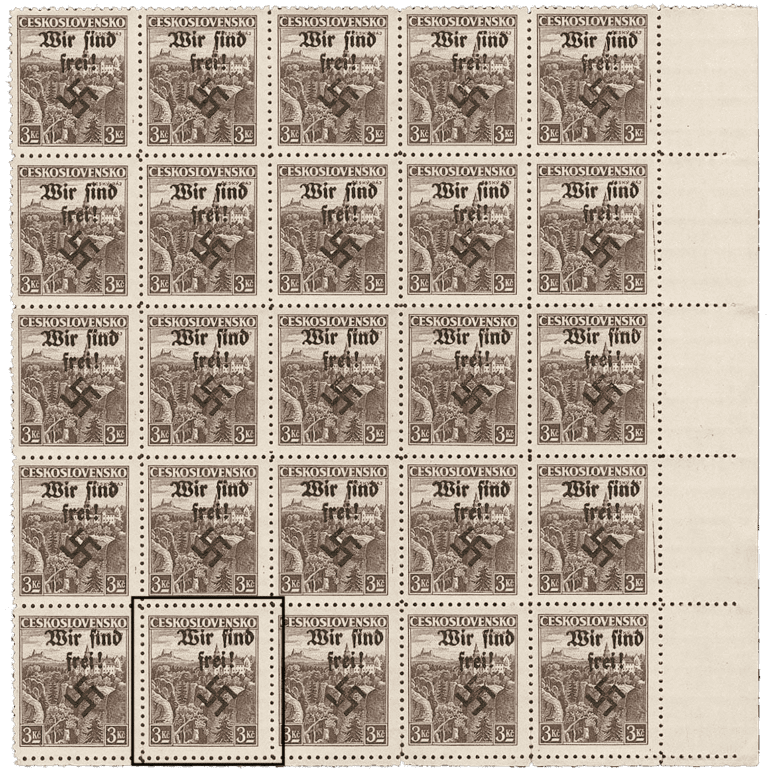 Rumburk přetisk známky - sudety - sudetenland - Rumburg | Block of 25 stamps, no. 15 (on the right broken w in the word wir), (field 97)