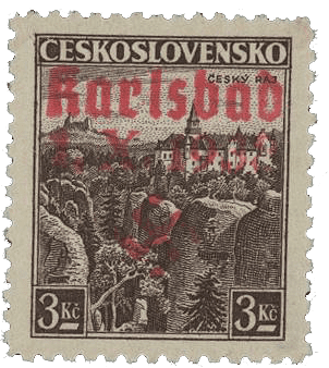 Sudetenland | czechoslovakian stamp overprint | german occupation | Karlovy Vary | Carlsbad | 1938 | Michel 15a
