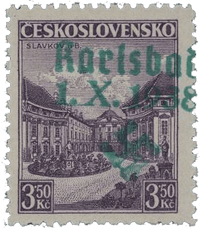 Sudetenland | czechoslovakian stamp overprint | german occupation | Karlovy Vary | Carlsbad | 1938 | Michel 16
