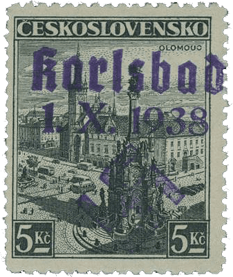 Sudetenland | czechoslovakian stamp overprint | german occupation | Karlovy Vary | Carlsbad | 1938 | Michel 18