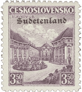 Konstantinovy Lázně overprint of czechoslovakian stamp | german occupation | 1938 | sudetenland crisis | Konstantinsbad Michel 18