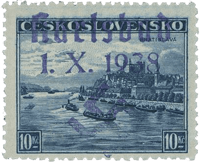 Sudetenland | czechoslovakian stamp overprint | german occupation | Karlovy Vary | Carlsbad | 1938 | Michel 19