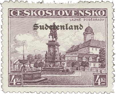 Konstantinovy Lázně overprint of czechoslovakian stamp | german occupation | 1938 | sudetenland crisis | Konstantinsbad Michel 19
