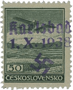 Sudetenland | czechoslovakian stamp overprint | german occupation | Karlovy Vary | Carlsbad | 1938 | Michel 20