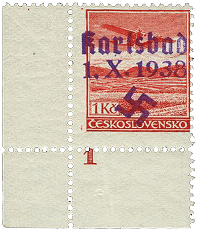 Sudetenland | czechoslovakian stamp overprint | german occupation | Karlovy Vary | Carlsbad | 1938 | Michel 21