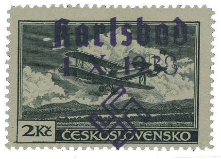 Sudetenland | czechoslovakian stamp overprint | german occupation | Karlovy Vary | Carlsbad | 1938 | Michel 22