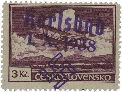 Sudetenland | czechoslovakian stamp overprint | german occupation | Karlovy Vary | Carlsbad | 1938 | Michel 23