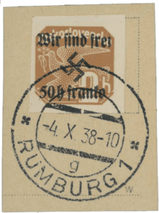 Rumburk | Rumburg | Sudetenland stamp overprint 1938 | German occupation of Czechoslovakia | Sudeten | postage stamp overprints | 24 with letter g (4 October 38, 10:00)