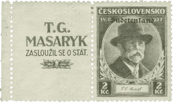 Konstantinovy Lázně overprint of czechoslovakian stamp | german occupation | 1938 | sudetenland crisis | Konstantinsbad Michel 25 zfw Masaryk