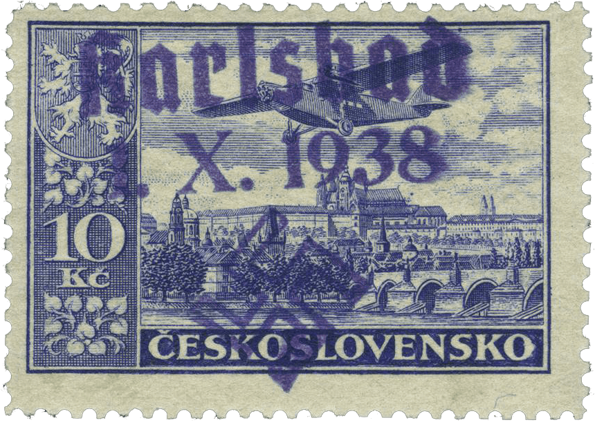 Sudetenland | czechoslovakian stamp overprint | german occupation | Karlovy Vary | Carlsbad | 1938 | Michel 26