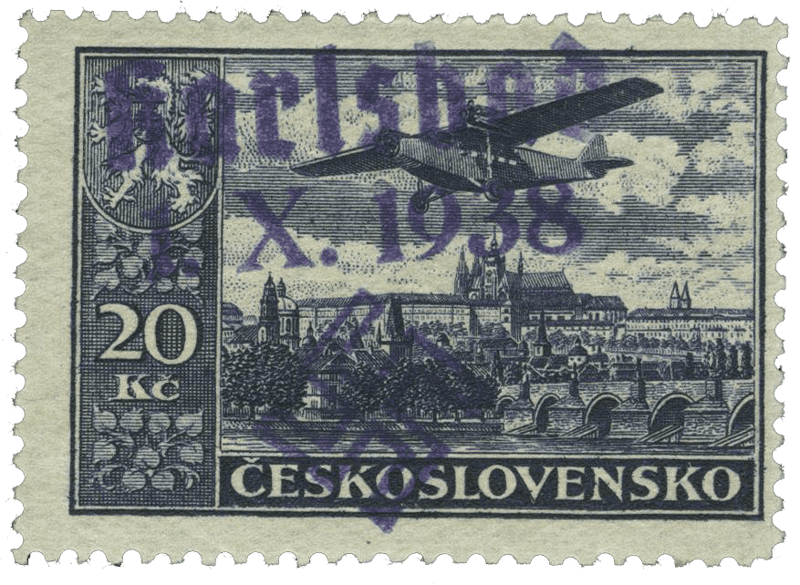 Sudetenland | czechoslovakian stamp overprint | german occupation | Karlovy Vary | Carlsbad | 1938 | Michel 27