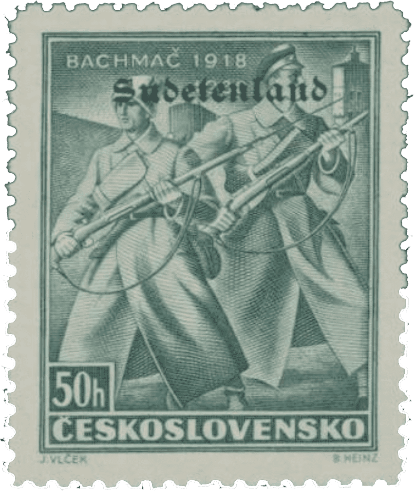 Konstantinovy Lázně overprint of czechoslovakian stamp | german occupation | 1938 | sudetenland crisis | Konstantinsbad Michel 28 Legion
