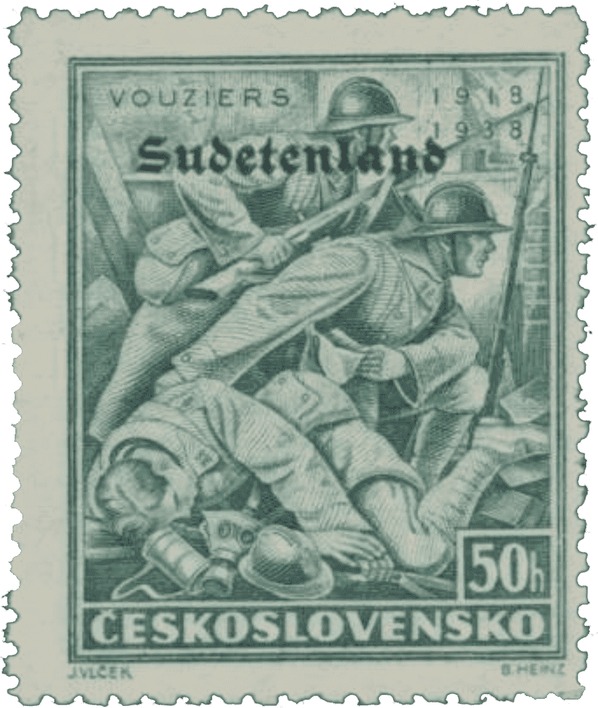 Konstantinovy Lázně overprint of czechoslovakian stamp | german occupation | 1938 | sudetenland crisis | Konstantinsbad Michel 29 Legion