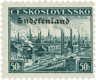 Konstantinovy Lázně overprint of czechoslovakian stamp | german occupation | 1938 | sudetenland crisis | Konstantinsbad Michel 34