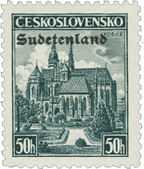 Konstantinovy Lázně overprint of czechoslovakian stamp | german occupation | 1938 | sudetenland crisis | Konstantinsbad Michel 35