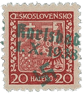 Sudetenland | czechoslovakian stamp overprint | german occupation | Karlovy Vary | Carlsbad | 1938 | Michel 3A