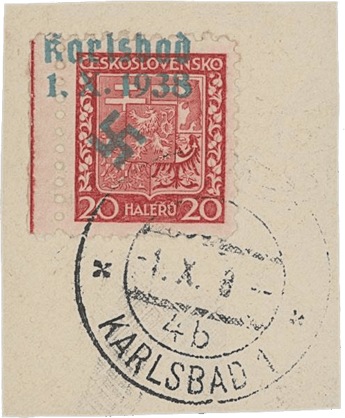 Karlovy Vary postage stamp overprint - Czechoslovakia - sudetenland - Maffersdorf - Michel 3A EST