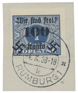 Rumburk | Rumburg | Sudetenland stamp overprint 1938 | German occupation of Czechoslovakia | Sudeten | postage stamp overprints | Mi. 43 with letter k (4 October 38, 18:00)