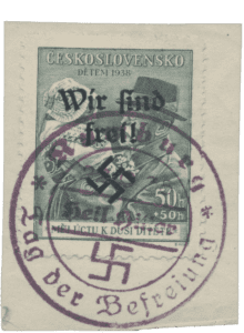 Rumburk | Rumburg | Sudetenland stamp overprint 1938 | German occupation of Czechoslovakia | Sudeten | postage stamp overprints | Mi. 45 with a purple celebratory postmark