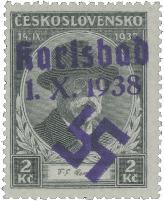 Sudetenland | czechoslovakian stamp overprint | german occupation | Karlovy Vary | Carlsbad | 1938 | Michel 46
