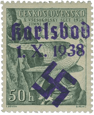 Sudetenland | czechoslovakian stamp overprint | german occupation | Karlovy Vary | Carlsbad | 1938 | Michel 49