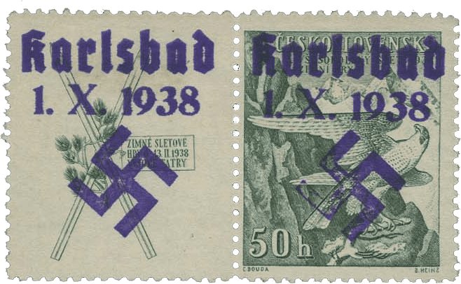 Sudetenland | czechoslovakian stamp overprint | german occupation | Karlovy Vary | Carlsbad | 1938 | Michel 49 ZFW