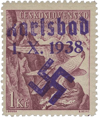Sudetenland | czechoslovakian stamp overprint | german occupation | Karlovy Vary | Carlsbad | 1938 | Michel 50