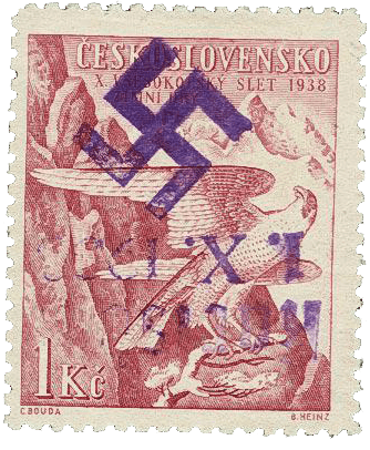 Sudetenland | czechoslovakian stamp overprint | german occupation | Karlovy Vary | Carlsbad | 1938 | Michel 50K