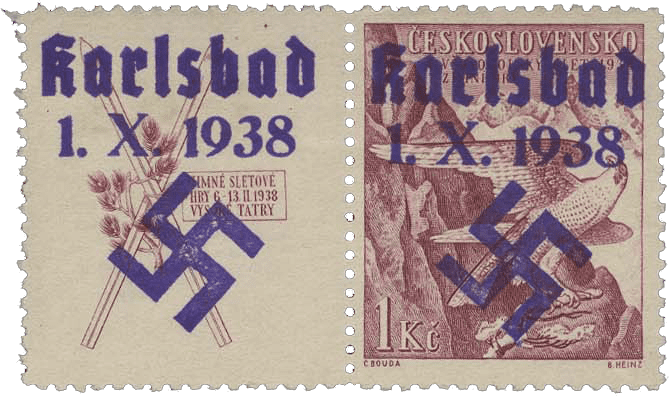 Sudetenland | czechoslovakian stamp overprint | german occupation | Karlovy Vary | Carlsbad | 1938 | Michel 50 ZFW