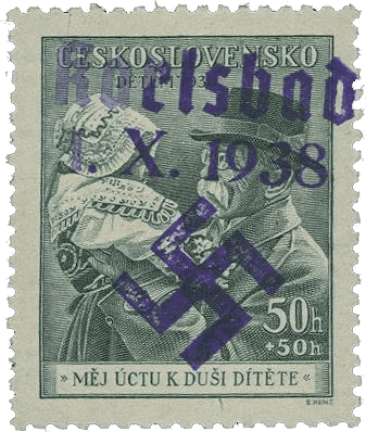 Sudetenland | czechoslovakian stamp overprint | german occupation | Karlovy Vary | Carlsbad | 1938 | Michel 51F