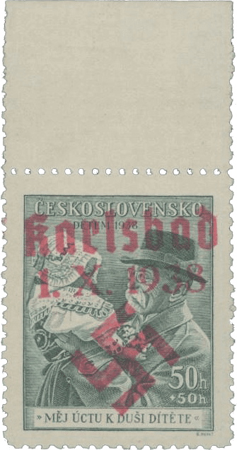 Sudetenland | czechoslovakian stamp overprint | german occupation | Karlovy Vary | Carlsbad | 1938 | Michel 51 a
