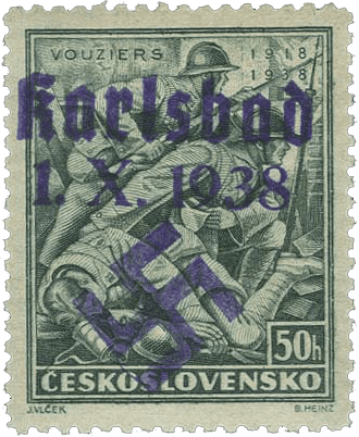 Sudetenland | czechoslovakian stamp overprint | german occupation | Karlovy Vary | Carlsbad | 1938 | Michel 55