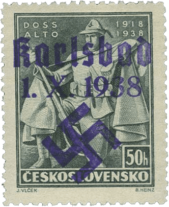 Sudetenland | czechoslovakian stamp overprint | german occupation | Karlovy Vary | Carlsbad | 1938 | Michel 56