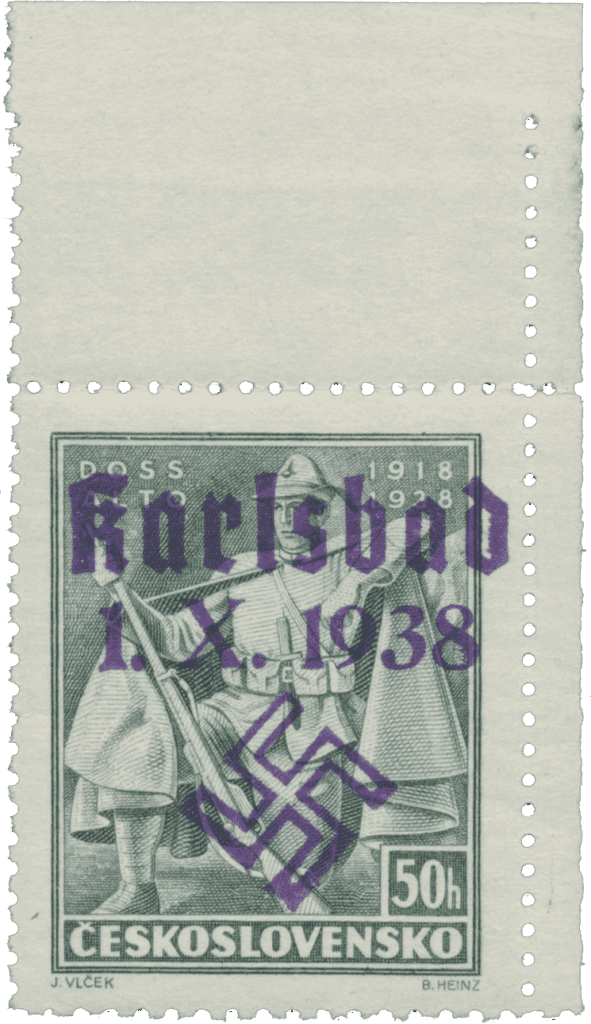 Sudetenland | czechoslovakian stamp overprint | german occupation | Karlovy Vary | Carlsbad | 1938 | Michel 56F