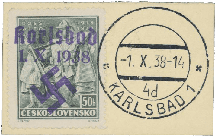 Sudetenland | czechoslovakian stamp overprint | german occupation | Karlovy Vary | Carlsbad | 1938 | 56 EST with the postmark 1.X.38-14/4d