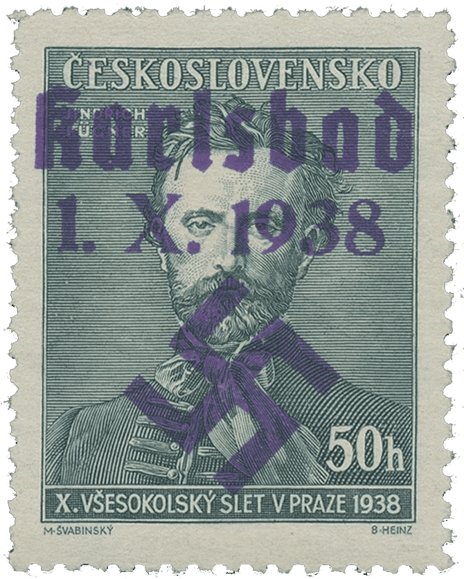 Sudetenland | czechoslovakian stamp overprint | german occupation | Karlovy Vary | Carlsbad | 1938 | Michel 57