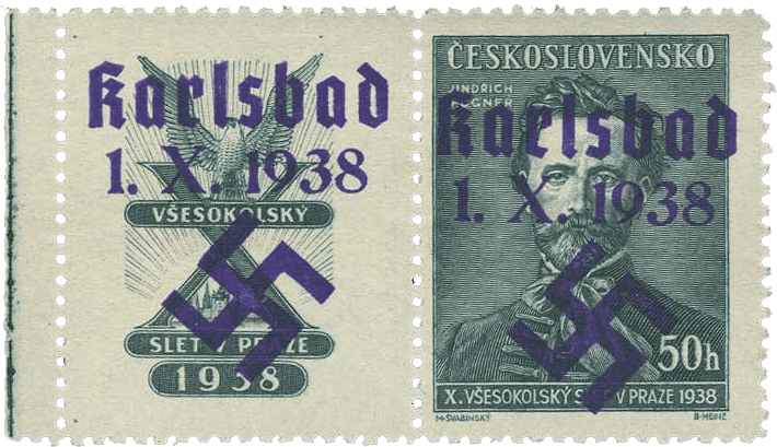 Sudetenland | czechoslovakian stamp overprint | german occupation | Karlovy Vary | Carlsbad | 1938 | Michel 57 ZFW