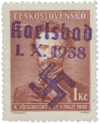 Sudetenland | czechoslovakian stamp overprint | german occupation | Karlovy Vary | Carlsbad | 1938 | Michel 58