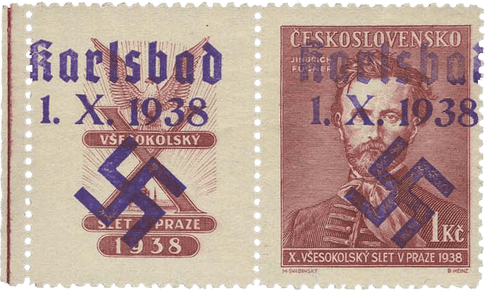 Sudetenland | czechoslovakian stamp overprint | german occupation | Karlovy Vary | Carlsbad | 1938 | Michel 58 ZFW