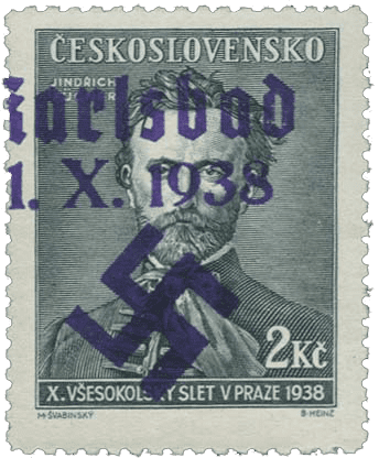 Sudetenland | czechoslovakian stamp overprint | german occupation | Karlovy Vary | Carlsbad | 1938 | Michel 59