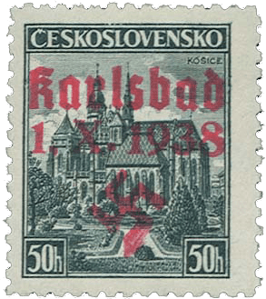 Sudetenland | czechoslovakian stamp overprint | german occupation | Karlovy Vary | Carlsbad | 1938 | Michel 62