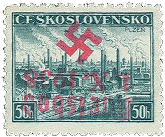 Sudetenland | czechoslovakian stamp overprint | german occupation | Karlovy Vary | Carlsbad | 1938 | Michel 62K